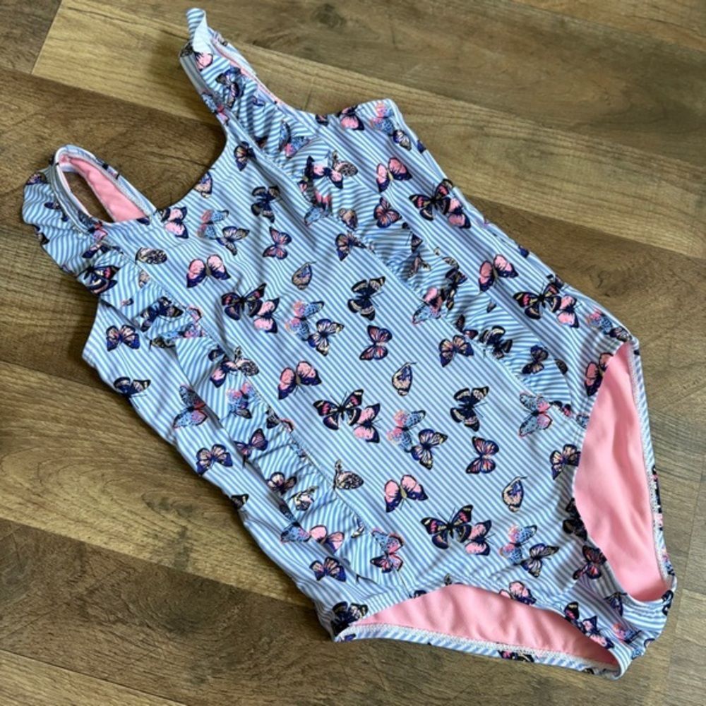 Metallic Gold Butterflies Blue White Stripe One Piece Swimsuit Ruffles Boardwalk